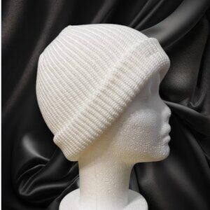 Soft White Ribbed Knit Beanie Hat Minimal Unisex Winter Warm Cap
